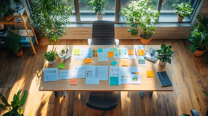 An overhead view of a trendy coworking area, featuring a large desk covered in colorful data sheets, graphs, and planning documents, modern office chairs, greenery accents,
