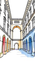 Vibrant Hand-Drawn Illustration: Colorful Architectural Courtyard Sketch. AI Generated