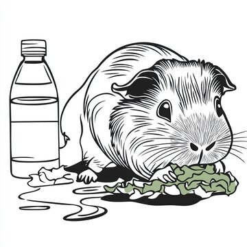 guinea pig eating lettuce next to water bottle clip art preview