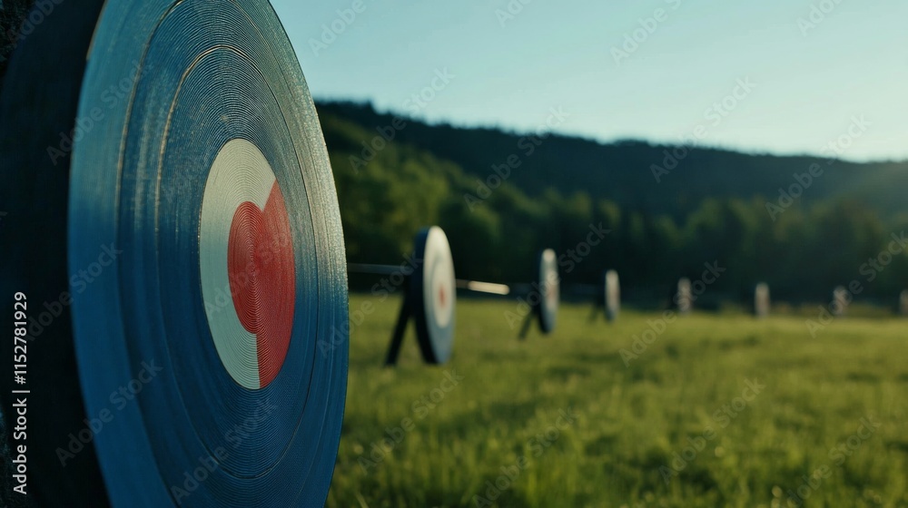 Poster a dynamic archery competition in an open field, bows and targets set for precision shooting, competi