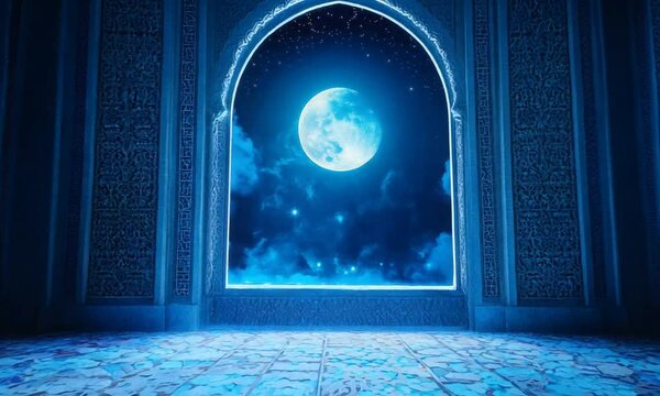 Moon light shine through the window into islamic mosque interior. Ramadan Kareem islamic background