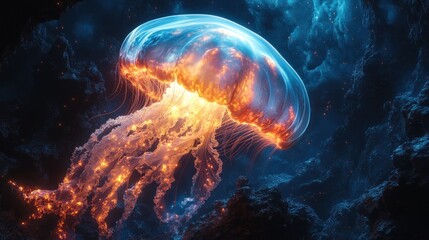 Naklejka premium A vibrant jellyfish illuminated in deep ocean waters, showcasing bioluminescence.