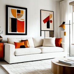 Modern minimalist living room, abstract geometric artwork, white sofa, orange accent pillows, wooden side table, round coffee table, textured white walls, natural light, mid-century modern style, clea