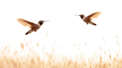 Obraz premium Two birds are gracefully flying against a soft, blurred background of tall grass, showcasing their delicate wings and natural beauty.