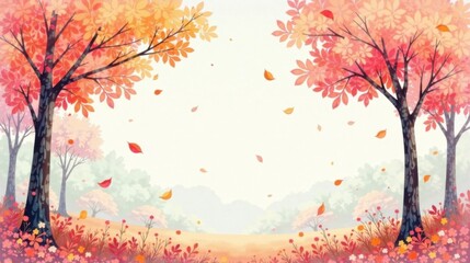 Autumnal Landscape Featuring Vibrant Trees and Falling Leaves in a Serene Setting