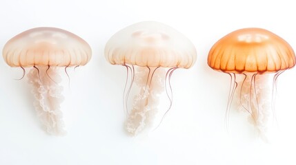 Three translucent jellyfish of varying shades float gracefully against a white background, showcasing their delicate forms and tentacles.