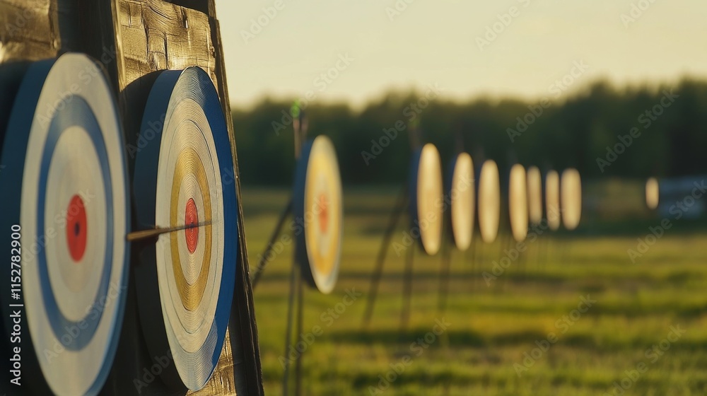 Poster a dynamic archery competition in an open field, bows and targets set for precision shooting, competi