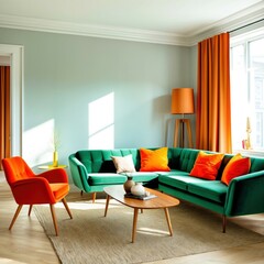 Retro living room, vibrant colors, green sofa, orange armchair, red curtains, mid-century modern furniture, light blue walls, wooden coffee table, colorful throw pillows, sunlit interior, minimalist d