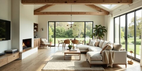 Open-plan living area showcasing a minimalist aesthetic with natural wood beams, a cozy fireplace, expansive windows offering verdant views, and a comfortable sectional sofa
