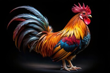 Fototapeta premium Striking 8K rooster, black backdrop. Isolated, high-resolution poultry photo; majestic feathered detail.