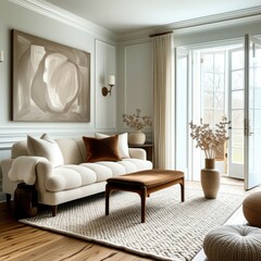 Elegant living room, neutral color palette, large circular artwork, modern L-shaped sofa, textured area rug, wall sconces, crown molding, natural light, dried floral arrangement, minimalist decor, hig