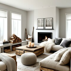 Minimalist living room, cozy fireplace, wood stove, stacked firewood, white walls, large windows, natural light, white sofas, wooden coffee table, knit pouf ottoman, black and white artwork, modern Sc