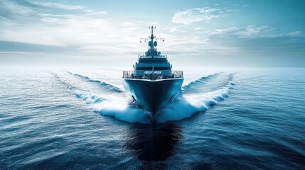 A newly built ship undergoing sea trials, cutting through calm blue waters with engineers monitoring systems
