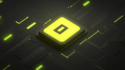 Fototapeta premium Striking yellow square button on black, a graphic design element for modern ui yellow