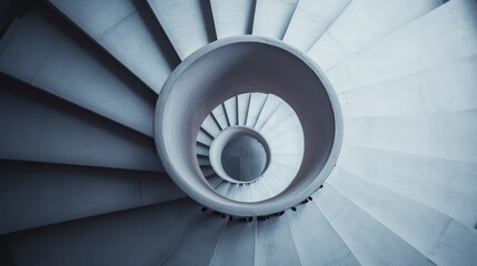 Fototapeta premium A spiral staircase with sleek, modern design, showcasing smooth curves and a minimalist aesthetic, draws the eye upward in a captivating pattern.