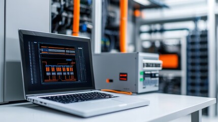 Modern Laptop Displaying Code in Front of Server Room with Data Center Equipment and Bright Lighting