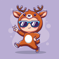 cute reindeer with sunglasses cartoon character vector illustration