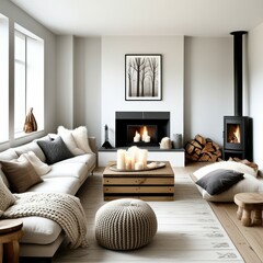 Minimalist living room, cozy fireplace, wood stove, stacked firewood, white walls, large windows, natural light, white sofas, wooden coffee table, knit pouf ottoman, black and white artwork, modern Sc