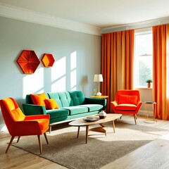 Retro living room, vibrant colors, green sofa, orange armchair, red curtains, mid-century modern furniture, light blue walls, wooden coffee table, colorful throw pillows, sunlit interior, minimalist d