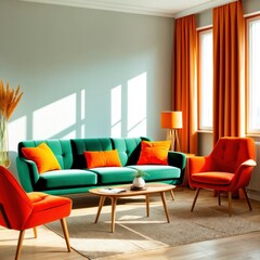 Retro living room, vibrant colors, green sofa, orange armchair, red curtains, mid-century modern furniture, light blue walls, wooden coffee table, colorful throw pillows, sunlit interior, minimalist d
