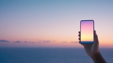 Fototapeta premium A hand holds a smartphone against a serene sunset sky, blending hues of pink, purple, and blue over the calm ocean water.