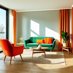 Retro living room, vibrant colors, green sofa, orange armchair, red curtains, mid-century modern furniture, light blue walls, wooden coffee table, colorful throw pillows, sunlit interior, minimalist d