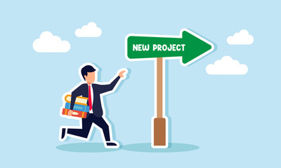 A businessman runs carrying a stack of books, following an arrow labeled NEW PROJECT, illustration of guidelines for securing a new project