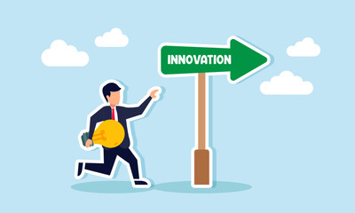 A businessman runs following a lamp and an arrow labeled INNOVATION, illustration of guidelines for achieving business ideas and innovation