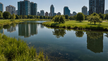 A park with a calm lake reflecting tall buildings, lush green trees, and grassy areas.