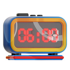A 3D icon rendered image of a colorful retro style digital alarm clock displaying the time eight ten.