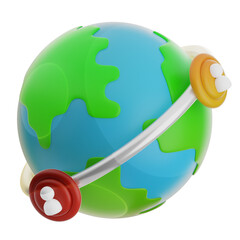 A stylized 3D icon  model of the Earth with orbiting icons representing global connectivity and communication.