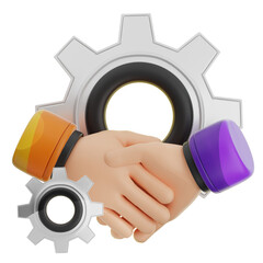 A 3D icon  rendering depicts a handshake between two cartoon hands, encircled by gears, symbolizing collaborative teamwork and business partnerships.