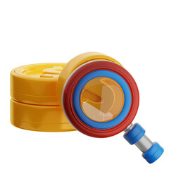 A colorful 3D icon rendering shows a magnifying glass examining a stack of gold coins representing financial investigation.