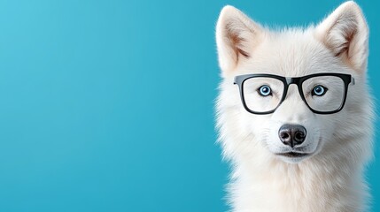 Charming white dog with glasses posing against a vibrant blue background, studio portrait