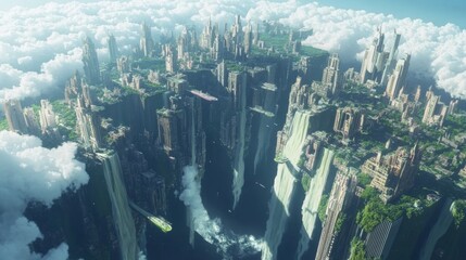 Futuristic city floating above clouds, aerial view.
