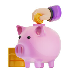 A 3D icon rendering of a hand putting a gold coin into a pink piggy bank, symbolizing saving money.