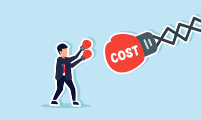 A businessman wearing boxing gloves punches a punching bag labeled COST, illustration of tackling issues with excessively high business costs