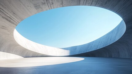 Futuristic Curved Architectural Structure Against Clear Blue Sky and Empty Concrete Floor