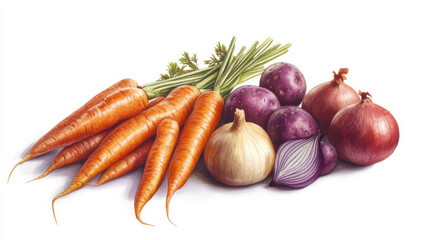 A photorealistic illustration of fresh root vegetables, featuring vibrant orange carrots, deep purple potatoes, and golden onions, arranged elegantly against a pure white background. The details of th