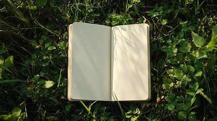 Open blank notebook lies on green grass.