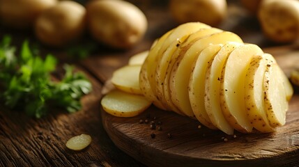 Close up sliced Potato on wooden board