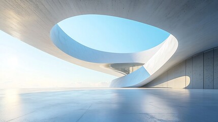 Futuristic Curved Architectural Structure Against Clear Blue Sky with Empty Concrete Floor long_title:Stunning 3D render of an abstract,futuristic