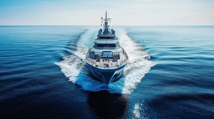 A newly built ship undergoing sea trials, cutting through calm blue waters with engineers monitoring systems 
