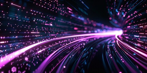 Obraz premium Luminous purple and gold wavy points on an abstract tech-inspired background.