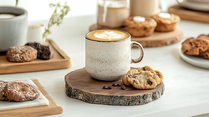 cozy coffee display featuring cappuccino with latte art, cookies, and warm atmosphere