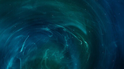 Glowing steam texture. Ink mix. Defocused blue green color vapor cloud glitter particles splash moving on abstract dark art background.