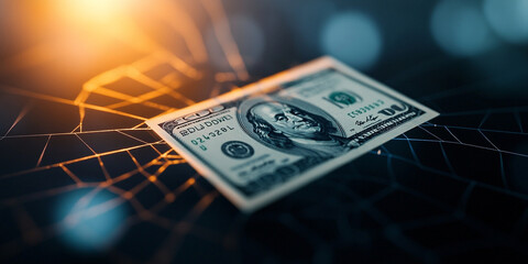 conceptual shot of glowing spider web holding dollar bill, symbolizing entrapment of money in delicate situation. interplay of light adds depth and intrigue