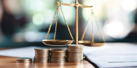 conceptual shot of scales balancing coins and tax documents, symbolizing financial justice and accountability. image conveys importance of balance in financial matters