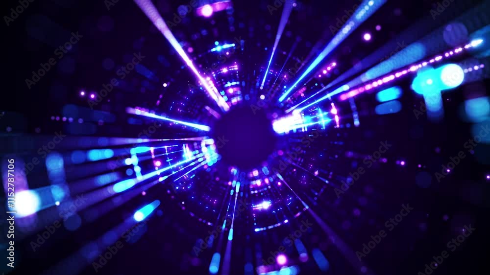 Aufkleber Abstract blue and purple neon light particle tunnel technology background concept on dark background. Digital backdrop effect.