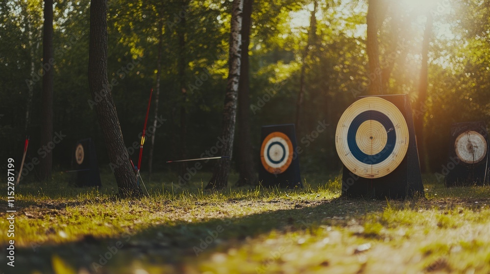 Poster a dynamic archery range with bows and targets set up in a woodland clearing, archers aiming at dista